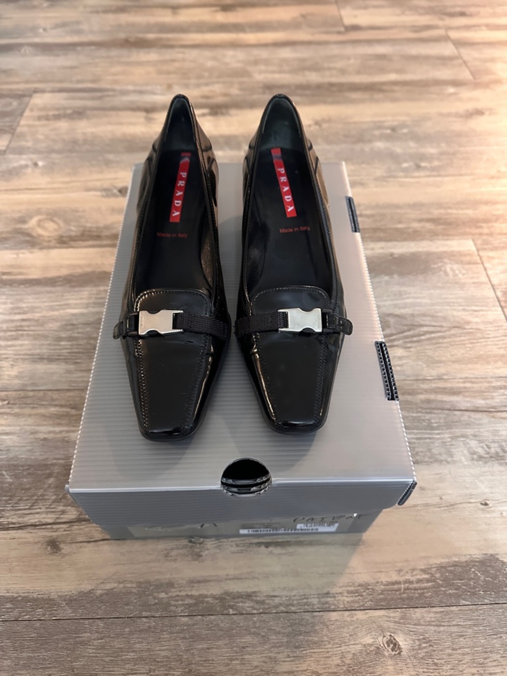Prada Vintage Black Patent Leather Buckle Loafer kitten heel